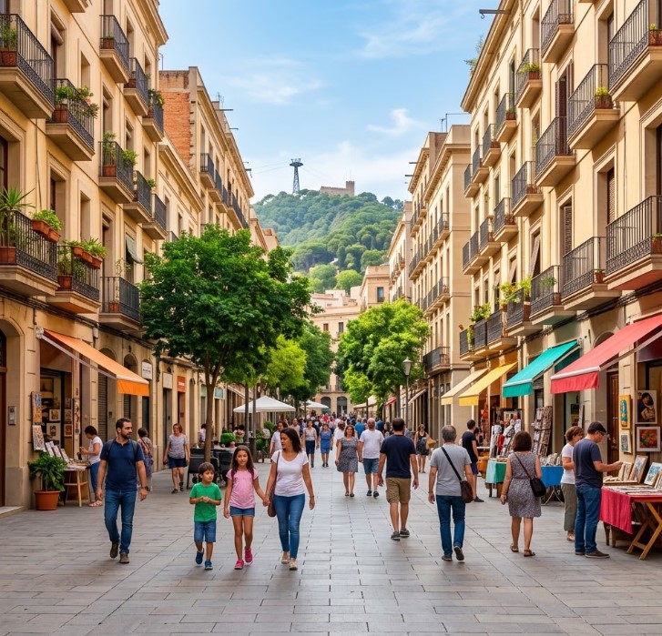 Vistas de las calles peatonales, fincas históricas y Montjuïc en Pueblo Seco, Barcelona
